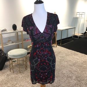 Parker Black/Red/Silver Sequin & Beaded Mini Dress